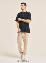 odzież Alcott T-shirt z mieszanki lnu z kołnierzykiem typu serape biały mężczyźni 2TXFF61083 - Image 3