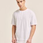 odzież Alcott T-shirt z mieszanki lnu z kołnierzykiem typu serape biały mężczyźni 2TXFF6599